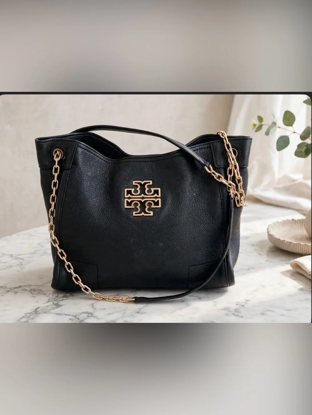 Tory Burch Britten Small Slouchy Tote Black Pebbled Leather Gold Chain Logo Bag